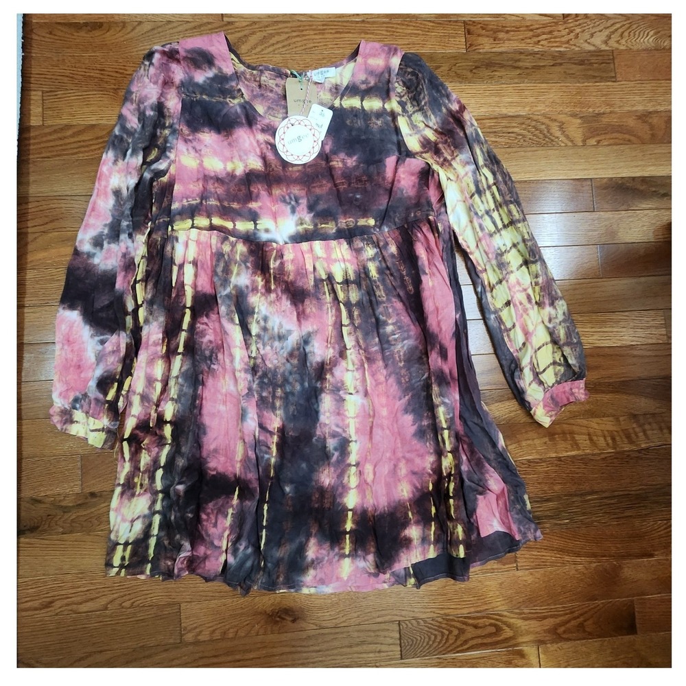 Umgee Tie Dye Dress Multicolor Long Sleeve Babydoll Boho Hippie M